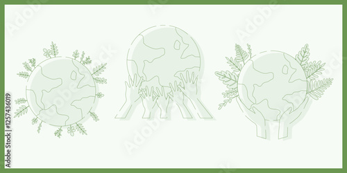 Hand drawn vector illustration of Happy Earth Day line drawn. Concept of caring for the earth, environmental problems and protection collection set. planet with hands holding, supporting