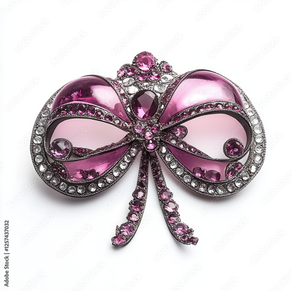 Pink gemstone bow brooch, white background, studio shot, jewelry design Pink gemstone bow brooch, white background, studio shot, jewelry design