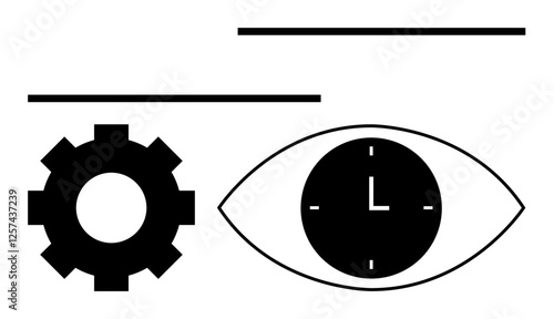 Black gear and eye with clock representing innovation, time management, vision, workflow optimization, productivity, strategy, and planning. Ideal for industries, teamwork and abstract line flat