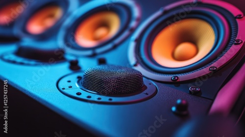 Close-up of colorful audio speakers, illuminated with vibrant neon lights photo