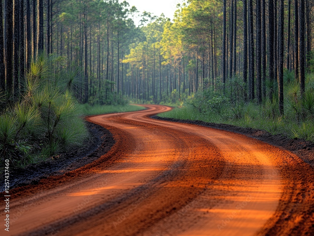 Red dirt road curves through a pine forest. Perfect for adventure, travel, and nature themes. Red dirt road curves through a pine forest. Perfect for adventure, travel, and nature themes.