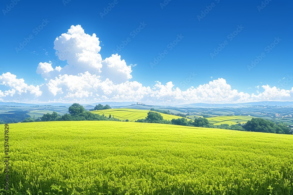 Fototapeta premium Scenic view, rolling hills, vibrant yellow rapeseed flowers, clear blue sky, tranquility, Tuscany landscape, nature's beauty, Italian countryside, peaceful scenery, spring bloom