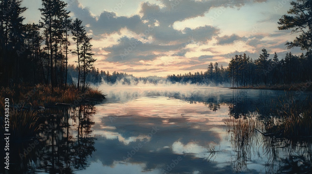 Fototapeta premium Serene dawn mist over tranquil lake reflecting sky