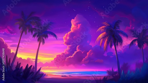 Purple sky, clouds, three palm trees in the scene, beach and sunset.