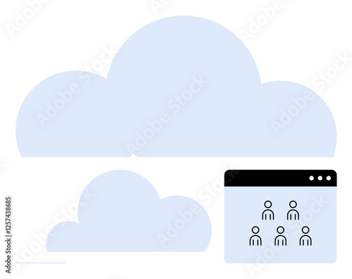 Three clouds with a browser window showing user icons, symbolizing remote connectivity, user interaction, and cloud services. Ideal for digital collaboration, cloud storage, and online platforms