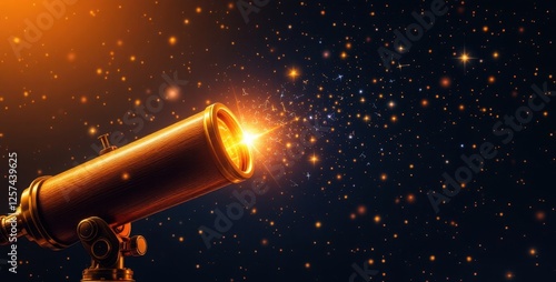 Vintage telescope illuminated with starry night sky sparkle photo