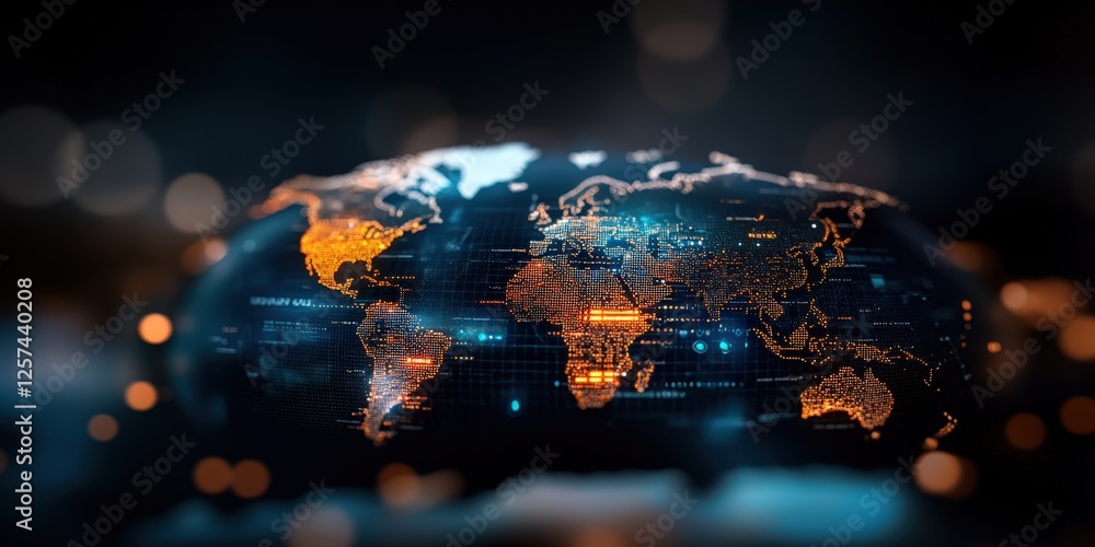 Fototapeta premium Futuristic digital world map with glowing data points global overview graphic visualization tech environment close-up view