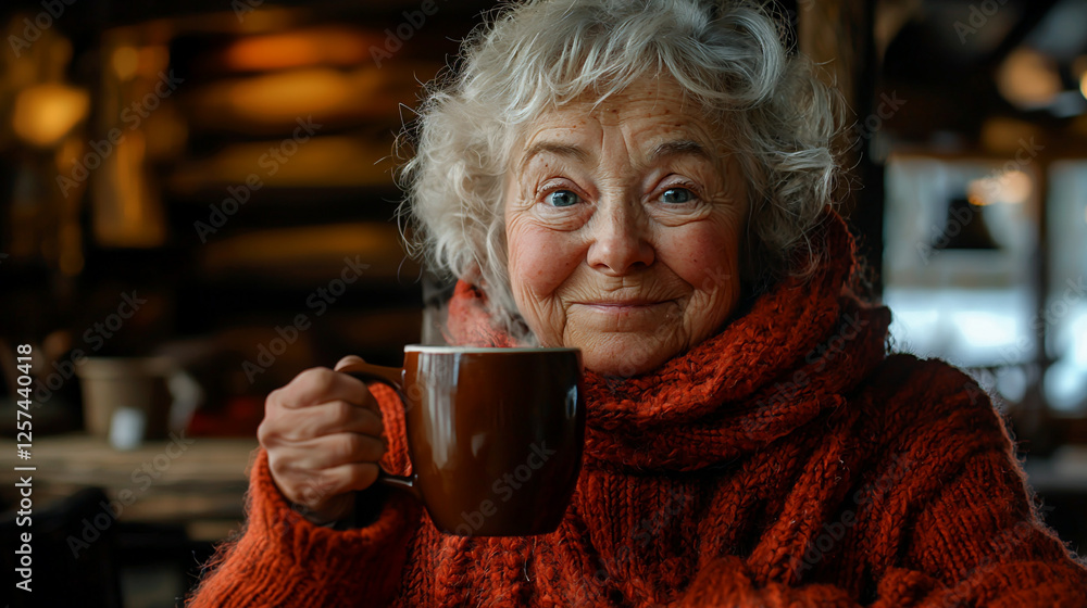 Woman enjoying hot cocoa while cozying up in a ski lodge during winter Woman enjoying hot cocoa while cozying up in a ski lodge during winter