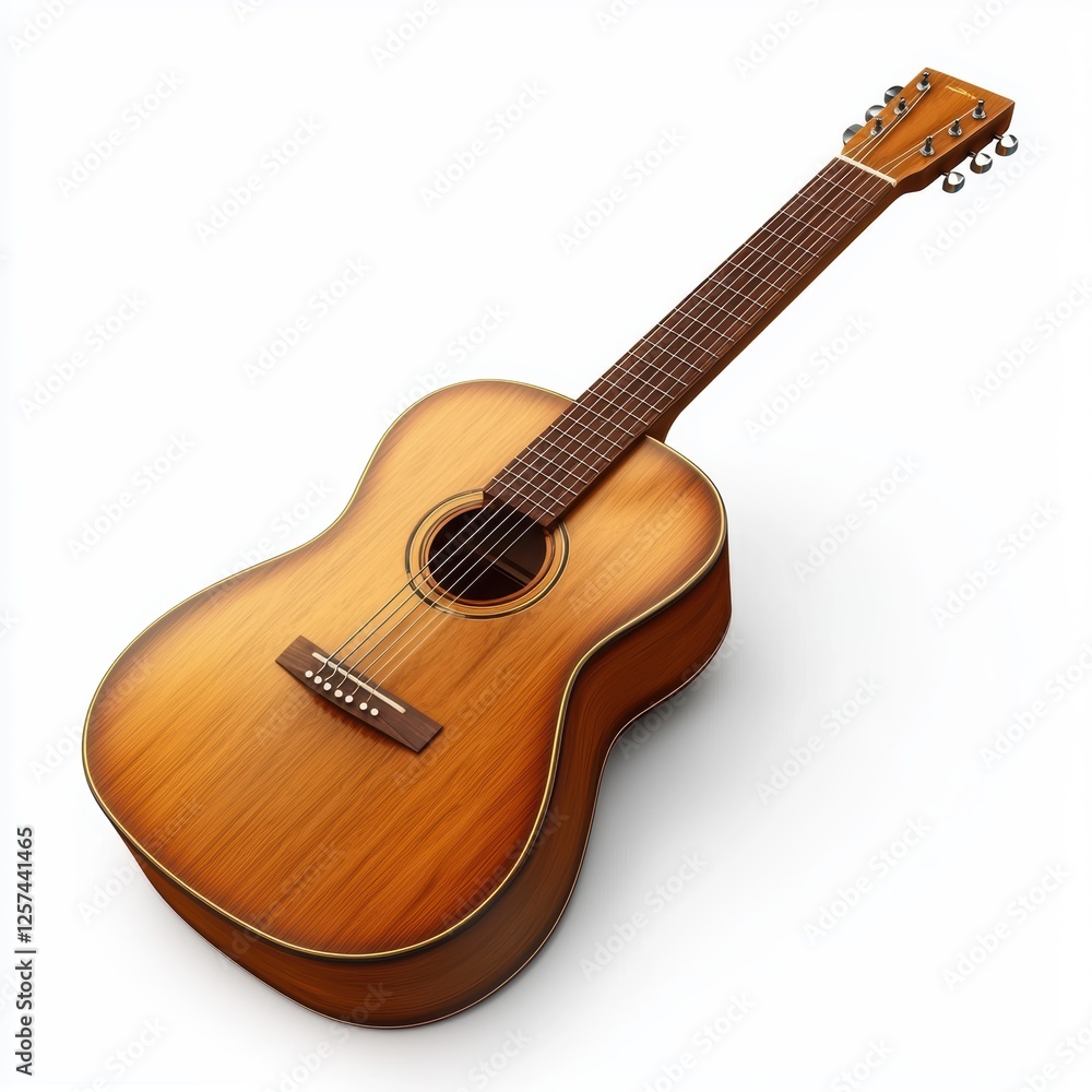 Fototapeta premium classic acoustic guitar with a rich wooden finish, visible strings and tuning pegs, isolated on white