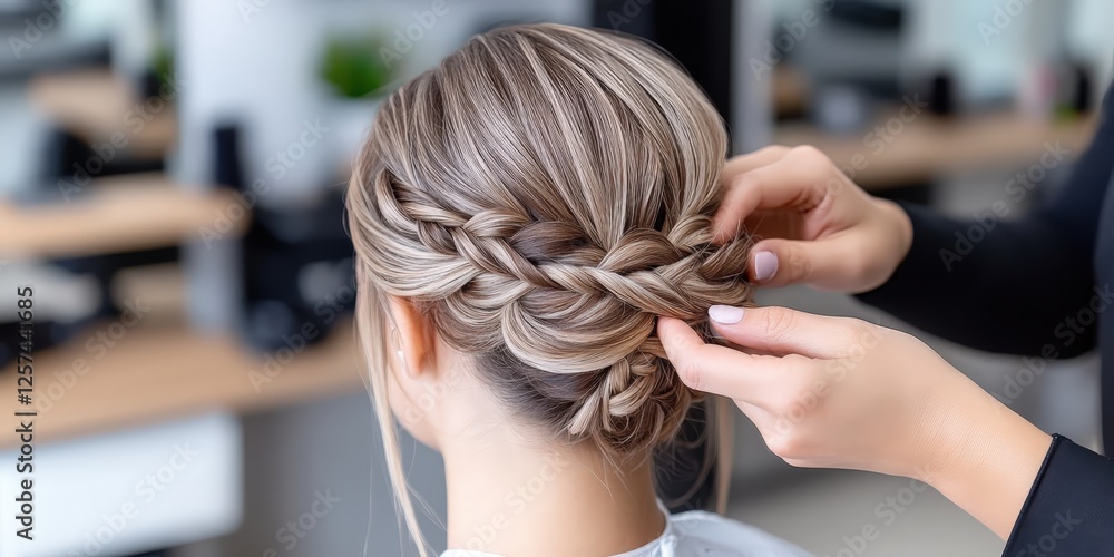 Fototapeta premium Hairstylist braiding elegant hair salon tutorial indoor close-up craftsmanship for stunning looks