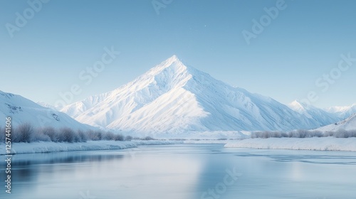 Wallpaper Mural Snowy mountain peak reflected in calm river, winter landscape Torontodigital.ca