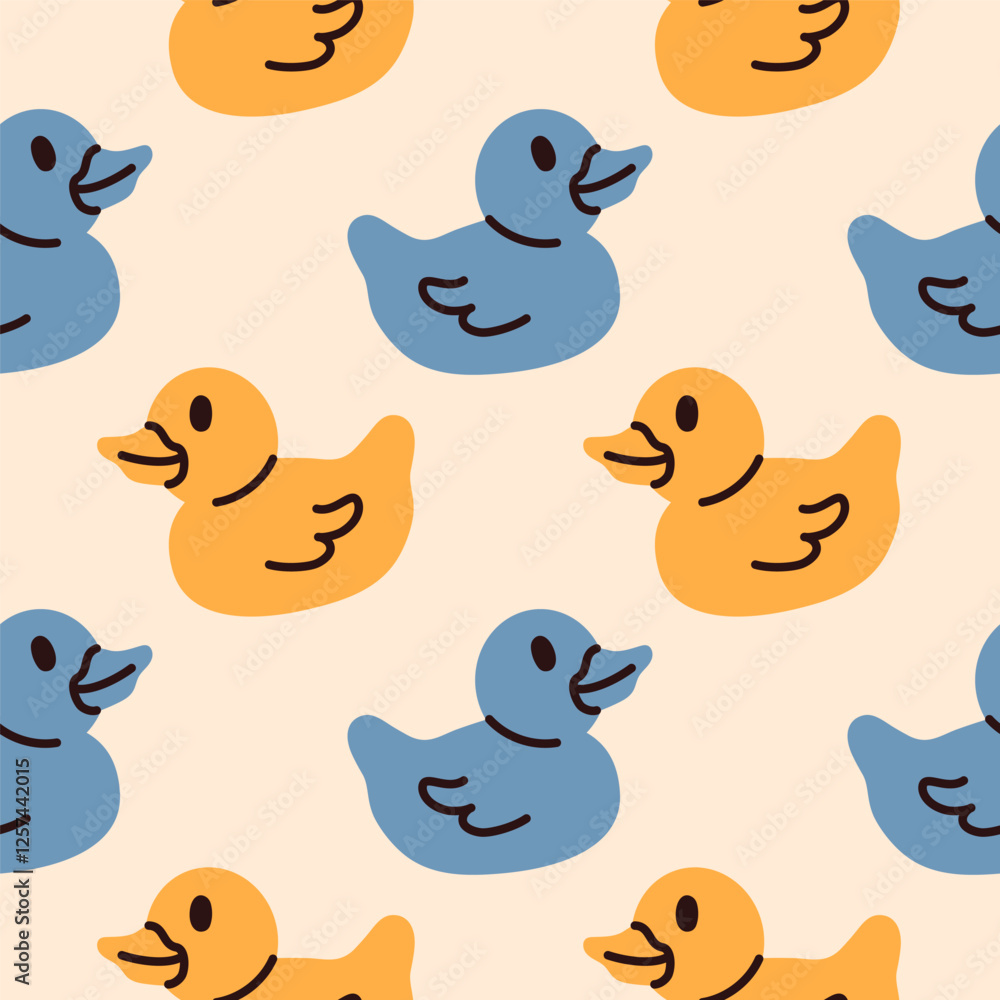 Obraz premium Simple Rubber Ducks seamless pattern for gift wrap, greeting card, textile design, fabric. Hand drawn illustration.
