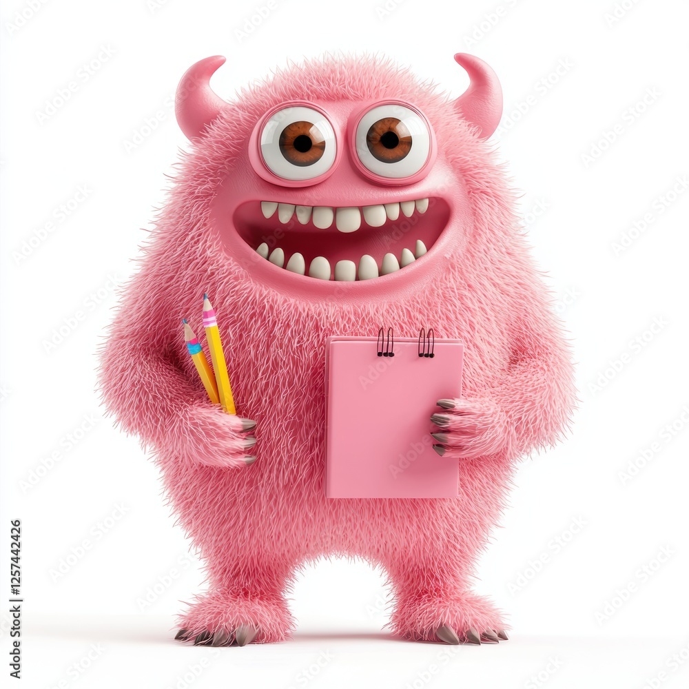 Obraz premium Cute pink monster as a teacher, holding a notebook and a pencil, isolated on white background