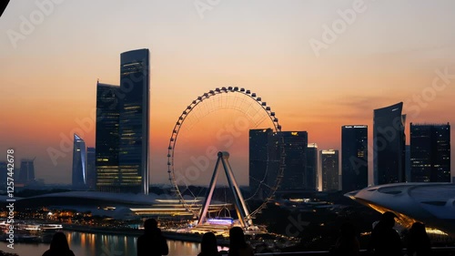 Sunset Cityscape with Ferris Wheel and Skyscrapers