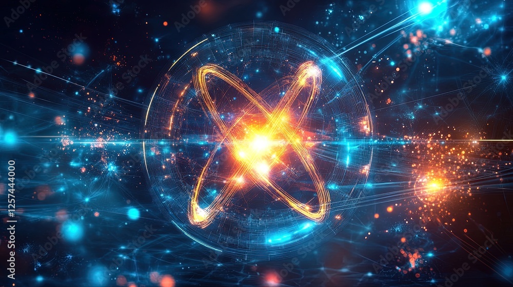 Fototapeta premium Futuristic science background with glowing scientific equipment, dynamic energy particles, and digital grids