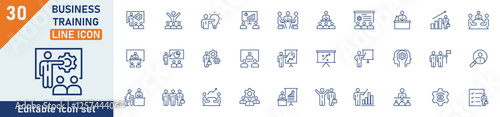 Business training line icon set. Set of 30 outline icons related to business training, education, seminar, course, coaching, mentoring, meeting and others. Editable stroke. Vector illustration.