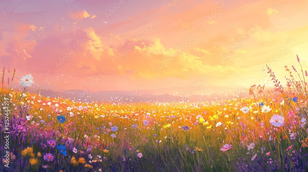 Fototapeta premium Sunset over colorful wildflowers; idyllic landscape; peaceful nature scene; perfect for cards or websites