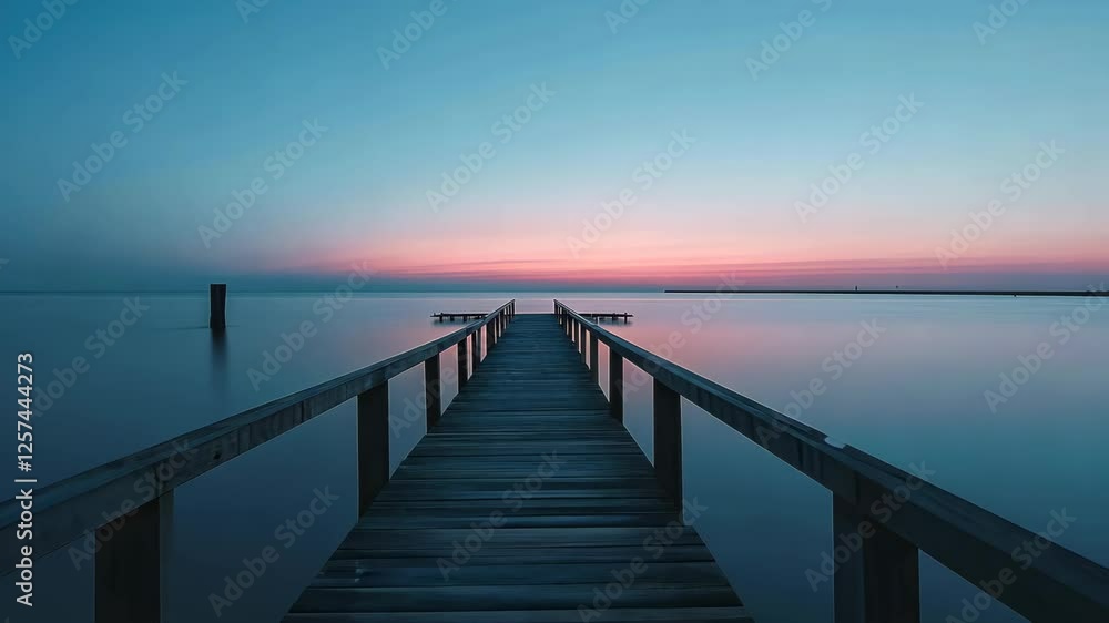 Serene twilight scene with wooden pier extending over calm water Serene twilight scene with wooden pier extending over calm water