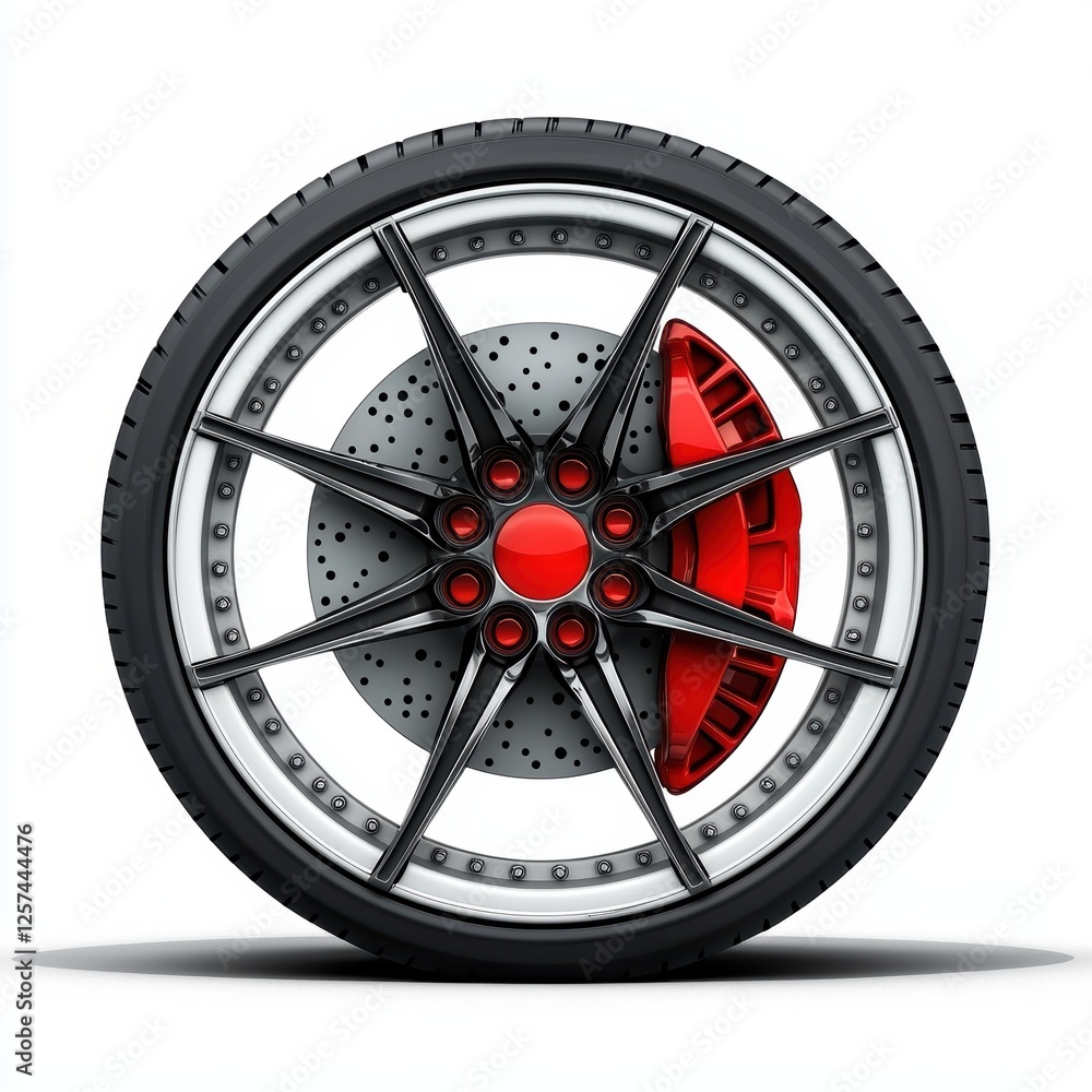 luxury sports car wheel with a red brake caliper, high-gloss reflections, isolated on white luxury sports car wheel with a red brake caliper, high-gloss reflections, isolated on white