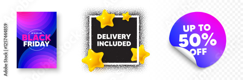 Delivery included photo frame 3d stars. Discount sticker banner. Delivery included tag. Free shipping sign. Special offer symbol. Black friday poster. Promo background. Vector