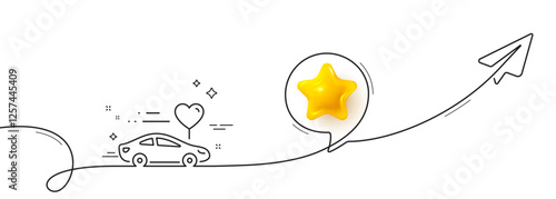 Honeymoon travel line icon. Continuous line with share plane. Love car trip sign. Valentines day transport symbol. 3d star in speech bubble. Honeymoon travel single line ribbon. Vector