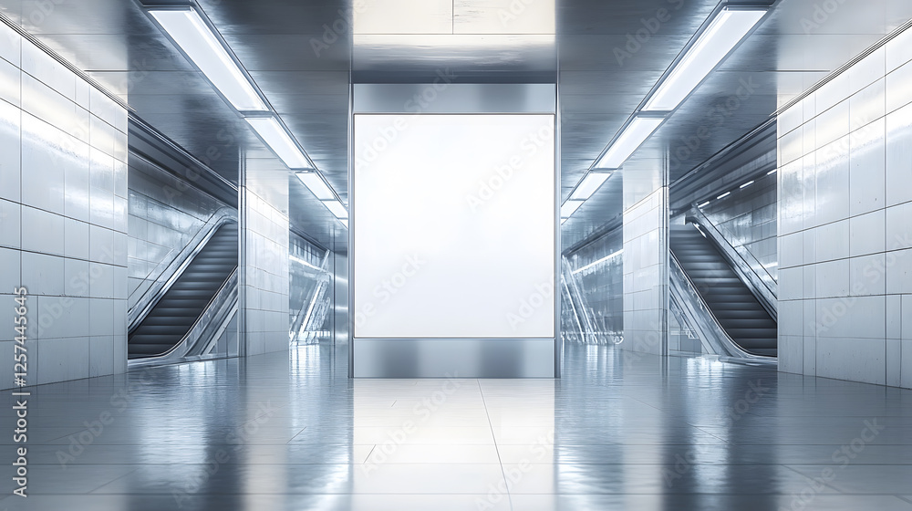 Fototapeta premium Modern Subway Station with Blank Advertisement Billboard and Escalators