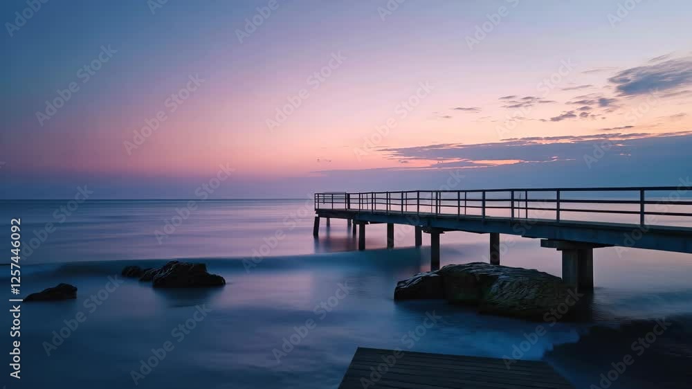 Serene Twilight at Coastal Pier with Calm Water and Gentle Sky Serene Twilight at Coastal Pier with Calm Water and Gentle Sky
