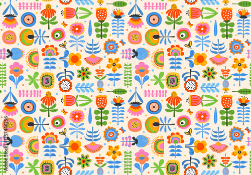 scandi nordic cute spring summer hand drawn flowers, scandinavian styte floral botanical seamless pattern, vector illustration repeat design print