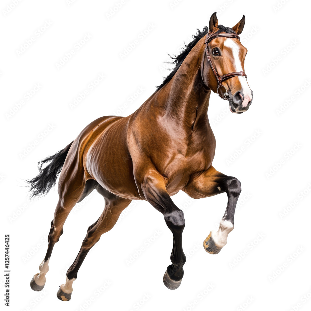 Obraz premium powerful brown horse galloping with grace and energy, showcasing its strength and beauty in motion. horse mane flows elegantly as it leaps forward, embodying freedom and vitality