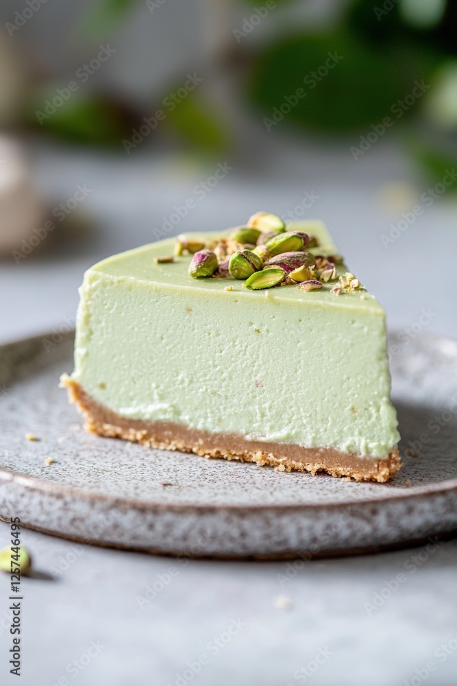 A slice of pistachio cheesecake sits on a textured stone plate, featuring a velvety green layer and a golden pistachio topping. Soft side-lighting creates a dreamy atmosphere, enhancing its appeal A slice of pistachio cheesecake sits on a textured stone plate, featuring a velvety green layer and a golden pistachio topping. Soft side-lighting creates a dreamy atmosphere, enhancing its appeal