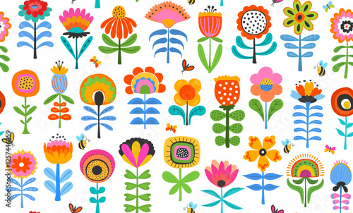 scandi nordic cute spring summer hand drawn flowers, scandinavian styte floral botanical seamless pattern, vector illustration repeat design print