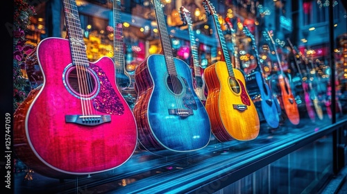 Colorful guitars displayed in a shop window at night, city lights in the background
