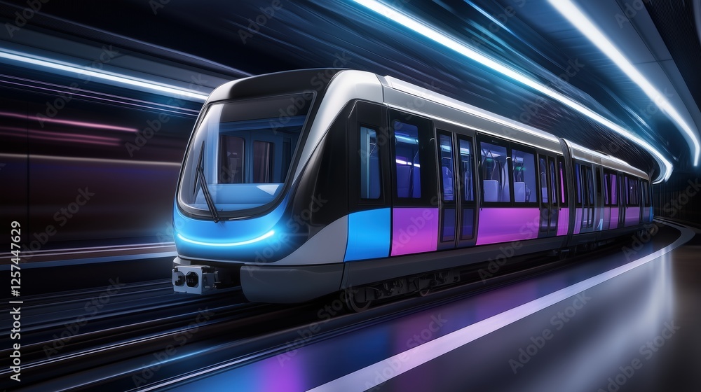 Modern subway train illuminated in blue and purple light in a futuristic underground station. Urban transportation concept. Modern subway train illuminated in blue and purple light in a futuristic underground station. Urban transportation concept.