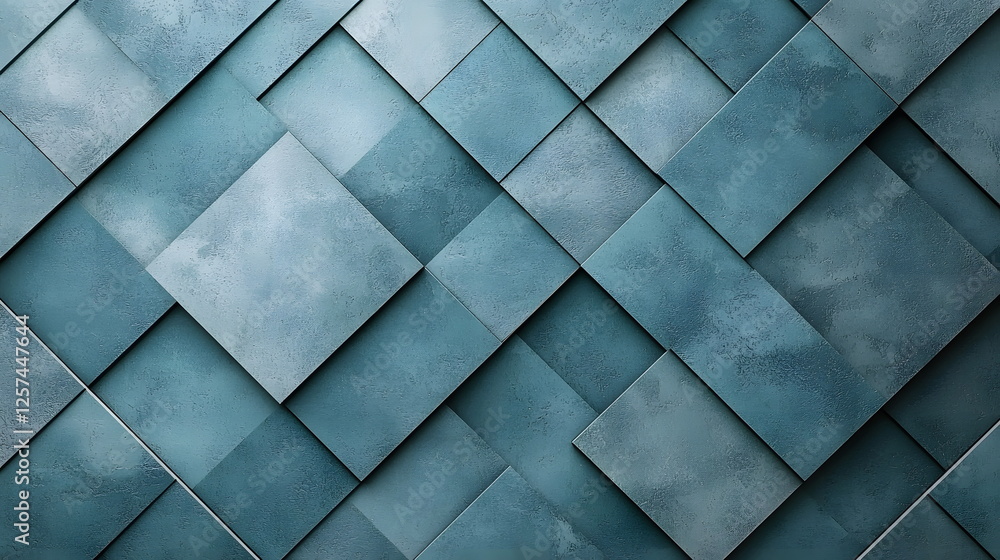 Textured teal wall with geometric tile patterns arranged in a diagonal crosshatch design and varied shades.