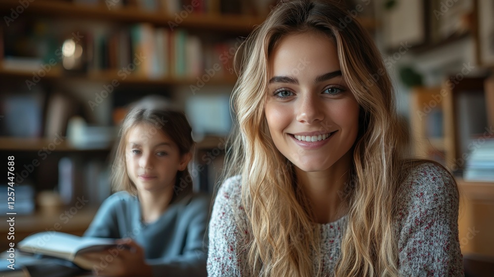 Happy woman smiles with child reading nearby Happy woman smiles with child reading nearby