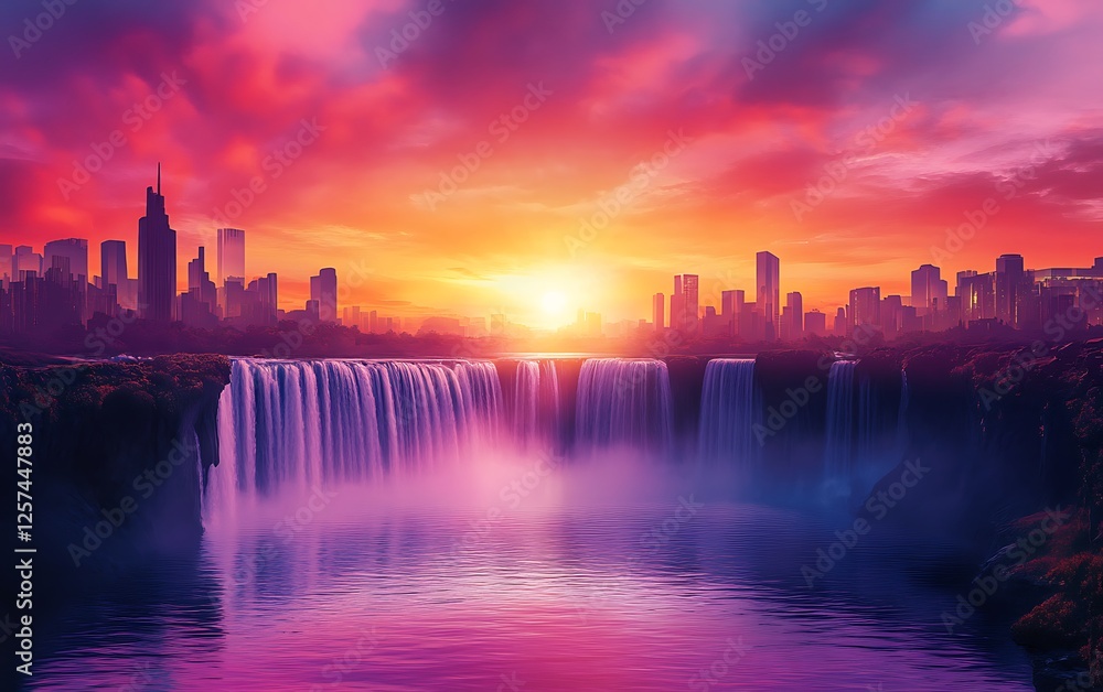 a waterfall with a city in the background a waterfall with a city in the background