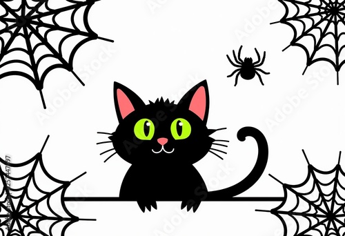 Halloween Clipart: Black Cat with Green Eyes Peeking from Cobwebs and Spiders. Vector Illustration for Scrapbooking, Invitations, and Festive Decorations on a White Canvas.

 photo