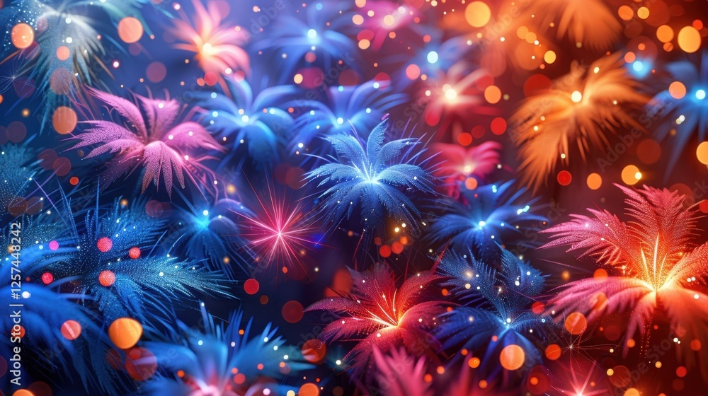 Colorful neon palm leaves with bokeh lights in vibrant background Colorful neon palm leaves with bokeh lights in vibrant background