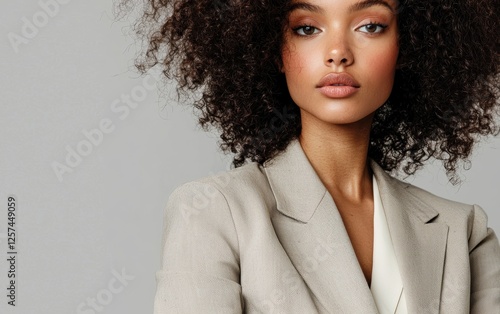 Smart and ambitious woman in a professional blazer, gray background