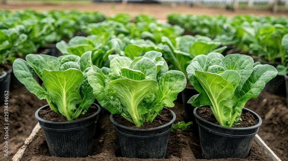 Fresh Green Lettuce Plants Growing in Pots at Agricultural Farm on Sunny Day with Soil and Background Fresh Green Lettuce Plants Growing in Pots at Agricultural Farm on Sunny Day with Soil and Background
