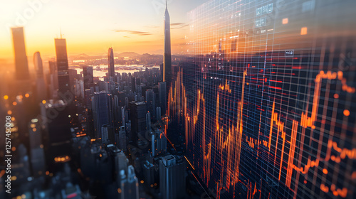 Global Finance, Cityscape Sunset and Stock Market Data Overlay