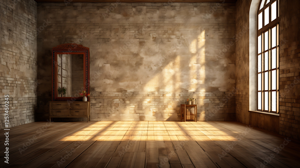 Fototapeta premium Sunlit rustic room interior, wooden floor, antique furniture
