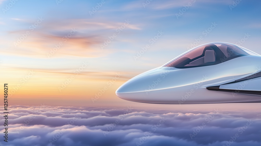 Close-up of an airplane's cockpit soaring above the clouds during sunrise. Futuristic aviation and luxury travel Close-up of an airplane's cockpit soaring above the clouds during sunrise. Futuristic aviation and luxury travel