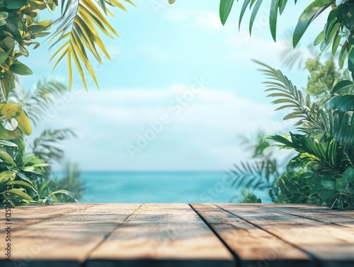 Tropical beach wooden table mockup, summer ocean view photo