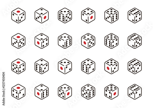 全ての面の組み合わせが表示された、シンプルな白いサイコロのベクターアイコンセット