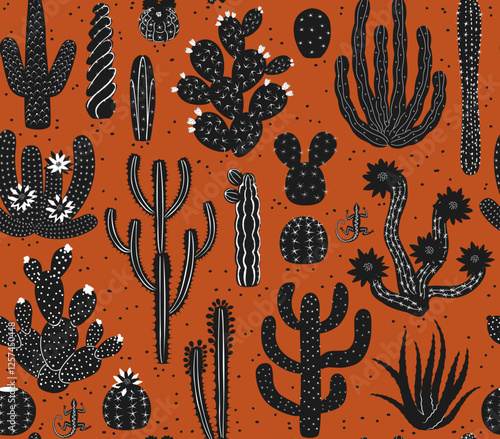 black and white desert cacti on rust background seamless pattern, vector illustration repeat design print