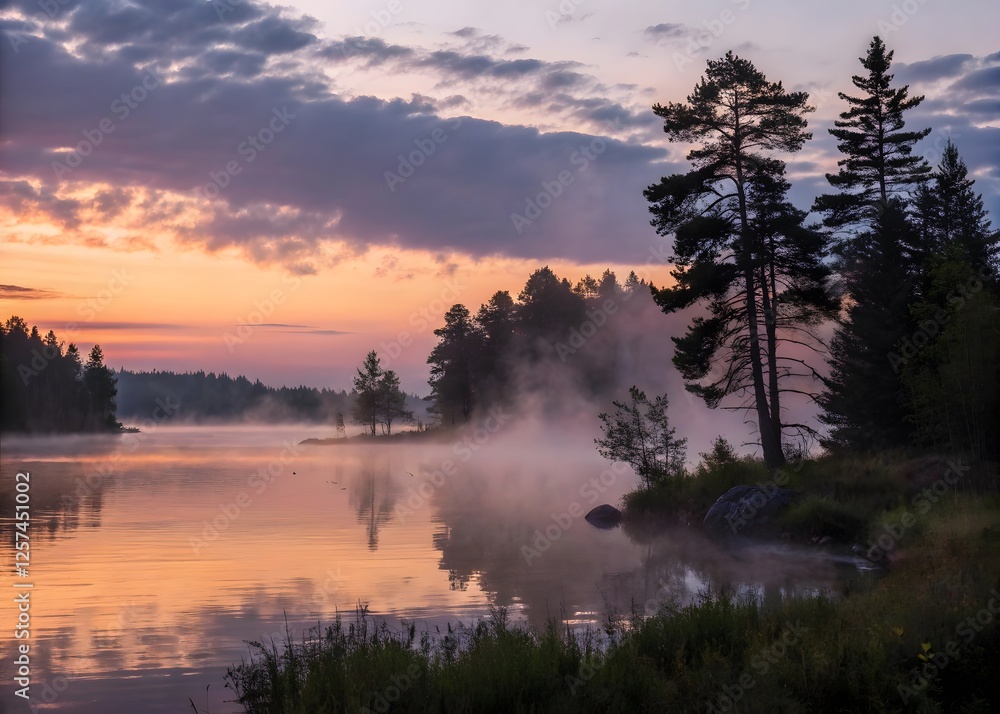 Fototapeta premium Tranquil Lakeside at Dusk with Soft Hues – Peaceful Water Reflection, Serene Twilight Landscape