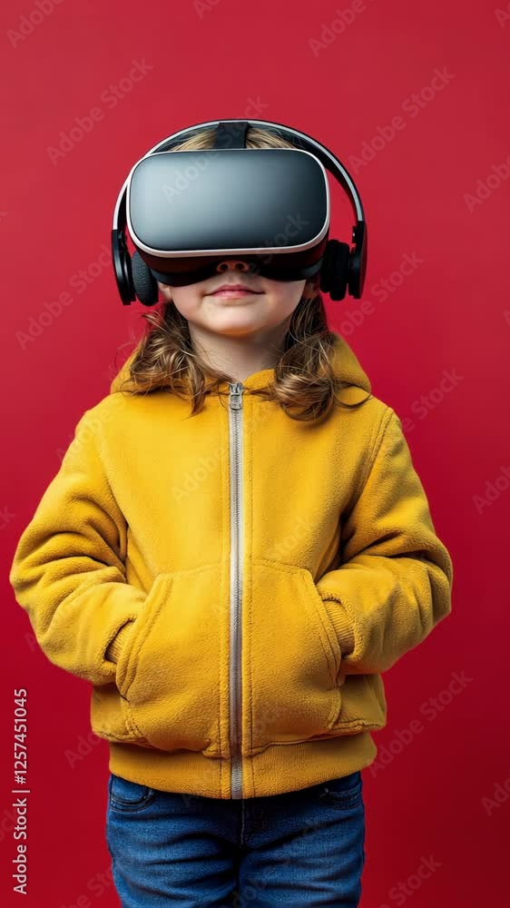 A child using a VR headset on a red background A child using a VR headset on a red background
