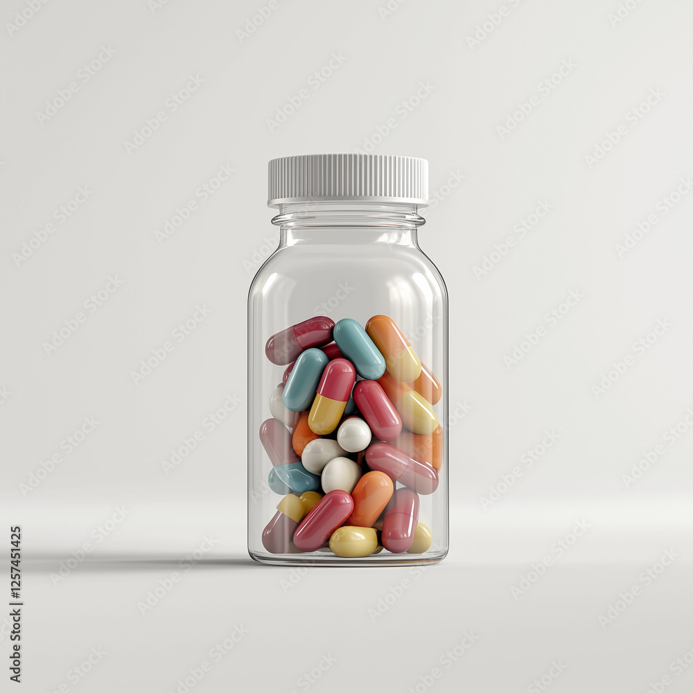 Transparent Glass Bottle Filled with Colorful Pills and Capsules on Minimalist White Background – Pharmaceutical Industry, Medicine, Prescription Drugs Transparent Glass Bottle Filled with Colorful Pills and Capsules on Minimalist White Background – Pharmaceutical Industry, Medicine, Prescription Drugs