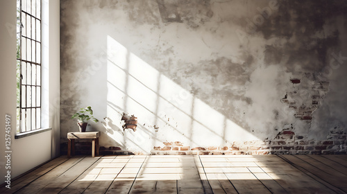 Sunlit industrial loft interior, plant, wooden floor. Design background